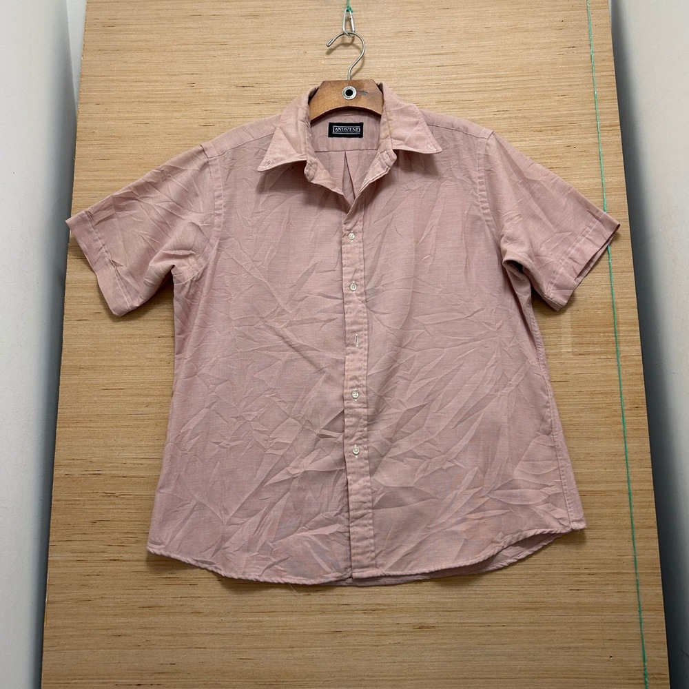 Vintage Lands End Pink Oxford Shirt Mens 16 Short Sleeve Button Down Made in USA